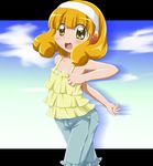  :d blonde_hair blush cloud denim hairband jeans kise_yayoi open_mouth pants precure shishinon short_hair sky smile smile_precure! solo yellow_eyes 