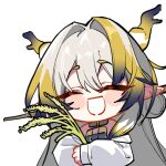  1girl :d ^_^ antlers arknights bare_shoulders blue_hair blush_stickers brown_hair chibi closed_eyes commentary facing_viewer gradient_hair grey_hair hair_between_eyes hair_intakes horns hugging_object jacket kinbakuman long_hair long_sleeves lowres multicolored_hair pointy_ears puffy_long_sleeves puffy_sleeves rice_(plant) shu_(arknights) simple_background smile solo symbol-only_commentary thick_eyebrows two-tone_hair upper_body white_background white_jacket 