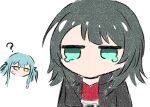 2girls bang_dream! bang_dream!_it's_mygo!!!!! black_hair black_jacket blue_hair chibi chibi_only chinese_commentary commentary_request highres jacket jo8blhrvkta6duw long_hair multiple_girls red_shirt shirt simple_background sweatdrop togawa_sakiko two_side_up white_background yahata_umiri 