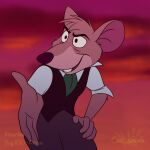 2023 4_fingers anthro ascot atimon basil_(disney) bent_over bottomwear buckteeth clothed clothing disney disney's_aladdin fingers fur hair leaning leaning_forward male mammal mouse murid murine open_mouth pants reaching_out reaching_towards_viewer rodent shirt signature smile solo teeth text the_great_mouse_detective topwear vest