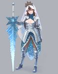  armor blue_eyes breasts brown_hair brown_legwear cleavage cleavage_cutout gauntlets greaves lipstick makeup medium_breasts original pantyhose rouge_(makeup) simple_background snow_white solo sword veil weapon weno 