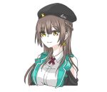  1girl beret braid breasts brown_hair commentary crescent crescent_earrings earrings half_up_braid hat heaven_burns_red jewelry koto_tooko large_breasts long_hair multiple_girls ooshima_ichiko symbol-only_commentary yellow_eyes 