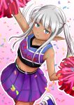  1girl absurdres arm_up bare_shoulders blue_eyes blue_shoes blunt_bangs blush cheering cheerleader closed_mouth commentary confetti crop_top dark-skinned_female dark_elf dark_skin elf from_above frown gradient_background grey_hair highres holding holding_pom_poms karla_(kono_healer_mendokusai) kono_healer_mendokusai long_hair long_sidelocks looking_at_viewer midriff official_art pink_background pleated_skirt pointy_ears pom_pom_(cheerleading) purple_skirt shirt shoes sidelocks skirt sleeveless sleeveless_shirt sneakers socks solo symbol-only_commentary tannen_ni_hakkou twintails white_socks 