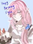  1girl bare_shoulders birthday_cake blue_background blue_eyes breasts cake chinese_commentary commentary_request dai3844152 elf elysia_(honkai_impact) food happy_birthday highres honkai_(series) honkai_impact_3rd long_hair looking_at_viewer medium_breasts pink_hair pointy_ears shirt simple_background solo very_long_hair white_shirt 