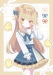  1girl 9ra4ki33 absurdres baby_animal bird blonde_hair blue_bow blue_bowtie blue_skirt blush border bow bowtie chick closed_mouth collared_shirt commentary cowboy_shot double_bun frilled_skirt frilled_sleeves frills furrowed_brow hair_between_eyes hair_bow hair_bun hamidashi_creative hand_up high-waist_skirt highres izumi_hiyori long_hair long_sleeves looking_at_viewer orange_eyes outline outside_border shirt sidelocks simple_background skirt smile solo straight_hair two_side_up very_long_hair white_background white_outline white_shirt yellow_border 