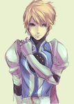  armor bad_id bad_pixiv_id blonde_hair flynn_scifo male_focus shiro_(reptil) simple_background solo standing surcoat tales_of_(series) tales_of_vesperia 
