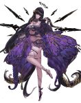  1girl :q absurdly_long_hair absurdres animal_print anklet arknights armpit_peek black_hair black_halo blush bra bracelet breasts bright_pupils broken_halo butterfly_print claw_ring cleavage closed_mouth dark_halo detached_wings diamond-shaped_pupils diamond_(shape) energy_wings eyebrows_hidden_by_hair feather_bra full_body groin hair_lift hair_ornament halo hand_up hashtag-only_commentary head_tilt highres hime_cut jewelry kuroroui large_breasts licking_lips long_hair looking_at_viewer midriff mole mole_under_eye musical_note navel necklace no_shoes purple_bra purple_eyes purple_wings ring simple_background skindentation smile solo standing standing_on_one_leg stirrup_legwear symbol-shaped_pupils thigh_strap thighs tiptoes toeless_legwear tongue tongue_out underboob underwear very_long_hair virtuosa_(arknights) white_background wings yellow_pupils 