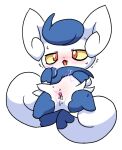 2025 2_tails anthro blue_body blue_fur blush blush_lines bodily_fluids clitoral clitoral_masturbation curled_tail cute_fangs digital_media_(artwork) dripping ejaculation fangs female fur generation_6_pokemon genital_fluids hands-free lying masturbation meowstic meowstic_(female) multi_tail narrowed_eyes neck_tuft nintendo on_back open_mouth plumflavor pokemon pokemon_(species) psychic psychic_powers psychic_stimulation semi-anthro shaded simple_background simple_shading solo spread_legs spreading sweat sweatdrop tail teeth tremble_spikes tuft vaginal_fluid_drip vaginal_fluids vaginal_fluids_on_vulva white_background white_body white_fur