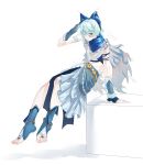  1girl androgynous animal_ear_fluff animal_ears ankle_socks anklet aqua_hair armband bare_shoulders belt black_gloves block_(object) blue_arm_warmers blue_armband blue_eyes blue_scarf blue_shirt blue_skirt blue_socks borrowed_character cape chinese_commentary closed_mouth commentary_request crop_top facial_tattoo fingerless_gloves fox_ears frilled_skirt frills full_body fur_cape gloves hair_between_eyes highres infinity_nikki jewelry jumping long_skirt looking_at_viewer luyuqian59942 midriff motion_lines navel nikki_(series) one_eye_closed scarf scratching_head shirt short_hair side_slit simple_background skinny skirt sleeveless sleeveless_shirt smile socks solo stirrup_legwear stylist_(nikki) tattoo toeless_legwear toenails toes torn_cape torn_clothes white_background white_cape yellow_belt 