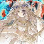  1girl abstract_background blue_eyes braid commentary cracked_skin doll_joints dress elden_ring elden_ring_nightreign english_commentary flower_wreath gameplay_mechanics head_wreath holding holding_instrument holding_lyre instrument jewelry joints looking_at_viewer low_twin_braids lyre revenant_(elden_ring) signature skull solo twin_braids upper_body veil white_dress white_hair white_veil y1422807535 