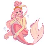  1girl blue_eyes blueberriena blush bubble commentary curled_up english_commentary fish_hair_ornament full_body hagoromo hair_ornament highres long_hair long_sleeves mermaid monster_girl one_piece pink_hair shawl shirahoshi simple_background smile solo twitter_username very_long_hair white_background 