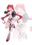  akane_lize bibi_(1vua1ways2) blush commentary denim denim_shorts fangs hair_ornament highres jacket long_hair pink_top red_hair ribbon shorts smile stellive symbol-only_commentary thighhighs thighs torn_clothes torn_thighhighs twintails 