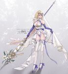  1girl absurdres alternate_costume artist_name bare_shoulders battle_standard blonde_hair blue_eyes blue_ribbon braid breasts character_name cleavage fate/apocrypha fate/grand_order fate_(series) flag full_body headpiece highres holding holding_flag jeanne_d'arc_(fate) large_breasts long_braid long_hair looking_at_viewer princess_ailish ribbon signature single_braid solo standard_bearer thighhighs very_long_hair war_flag white_thighhighs 