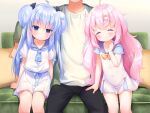  2girls ^_^ ahoge black_pants blue_bow blue_eyes blue_hair blue_necktie blue_sailor_collar blush bow bowtie buttons closed_eyes closed_mouth collarbone couch double_bun feet_out_of_frame game_cg hair_bow hair_bun hand_up harem_futago_lolita head_out_of_frame large_variant_set long_hair multiple_girls necktie non-web_source pants pillow pink_hair pleated_skirt sailor_collar shirt short_sleeves siblings sisters sitting skirt smile sunao_(harem_futago_lolita) tomari_(harem_futago_lolita) twins usashiro_mani variant_set white_shirt white_skirt yellow_bow yellow_bowtie 