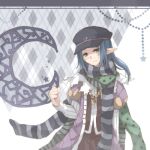  1boy alternate_color black_hat black_pants black_shirt blue_eyes blue_hair closed_mouth coat commentary_request crescent expressionless green_scarf grey_background grey_scarf hat kawachi_(hina) long_hair looking_at_viewer lowres male_focus minstrel_(ragnarok_online) newsboy_cap open_clothes open_coat pants plaid_background pointy_ears polka_dot polka_dot_scarf purple_coat ragnarok_online scarf shirt solo striped_clothes striped_scarf upper_body 