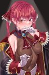  1girl ascot biting_finger black_choker black_coat breasts brown_leotard choker coat covered_navel gloves hair_ribbon heterochromia highres hololive houshou_marine houshou_marine_(1st_costume) large_breasts leotard long_hair looking_at_viewer navel red_ascot red_coat red_eyes red_ribbon red_skirt ribbon rorol_reime skirt solo twintails two-sided_coat two-sided_fabric virtual_youtuber white_gloves yellow_eyes 
