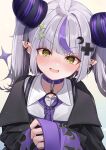  1girl @_@ absurdres ahoge black_jacket black_streaks blush commentary_request crescent crescent_hair_ornament demon_girl demon_horns ear_piercing grey_hair hair_ornament highres hololive horns jacket la+_darknesss la+_darknesss_(gaming_casual) looking_at_viewer medium_hair multicolored_hair necktie official_alternate_costume open_mouth piercing pointy_ears purple_necktie purple_streaks shagaihi sleeves_past_wrists smile solo star_(symbol) star_hair_ornament streaked_hair two_side_up virtual_youtuber 