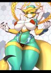 2025 anthro areola bandai_namco big_breasts blonde_hair blush bottomwear breasts claws clothed clothing digimon digimon_(species) female fur green_eyes hair headgear headwear hi_res huge_breasts legwear looking_at_viewer looking_down looking_down_at_viewer maned_kitsune meicrackmon multicolored_body multicolored_fur nurse_clothing nurse_headwear panties pink_areola red_bikini_top skimpy skindentation skirt solo stinger tail teal_bottomwear teal_clothing teal_legwear teal_skirt teal_thigh_highs thick_thighs thigh_highs two_tone_body two_tone_fur underwear upskirt white_body white_fur wide_hips yellow_body yellow_fur