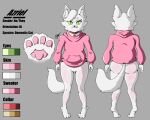 5:4 absurd_res ambiguous_gender anthro azriel_(kociemleko1) blush clothing english_text felid feline fur green_eyes hi_res hoodie male_(lore) mammal model_sheet pink_clothing pink_hoodie pink_topwear slightly_chubby solo text thedarkmario topwear white_body white_fur