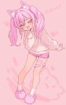  1girl :d animal_ear_fluff animal_ears blush cat_ears cat_girl cat_tail commentary_request fang full_body hand_up highres jigatei_(omijin) leaning_forward long_hair long_sleeves looking_at_viewer original pink_background pink_eyes pink_hair pink_shorts pink_slippers puffy_long_sleeves puffy_sleeves romaji_text shirt short_shorts shorts simple_background sleeves_past_wrists slippers smile socks solo standing tail tail_around_own_leg twintails white_shirt white_socks 