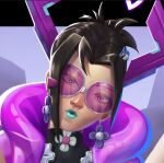  1girl aga_art aqua_lips black_hair earrings galacta galacta_(rivals'_day_2025) horns jewelry looking_at_viewer marvel marvel_rivals official_alternate_costume pink-tinted_eyewear portrait round_eyewear solo tinted_eyewear 