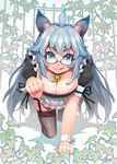 :q ahoge all_fours animal_ears apron aqua_eyes bell blue_hair breasts cat_ears cleavage garter_straps glasses green_eyes happa_(cloverppd) large_breasts long_hair maid original solo thighhighs tongue tongue_out very_long_hair wrist_cuffs 