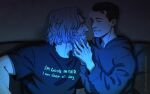  2boys beard casual cheekbones connor_(detroit) couch detroit:_become_human facial_hair grey_hair hands_on_another's_face hank_anderson highres hood hoodie male_focus multiple_boys old old_man shirt t-shirt teppn_(gattobamboom) upper_body wavy_hair yaoi 