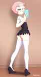  1girl ass black_eyeshadow black_shoes blue_eyes breasts cellphone commentary cubedcoconut dress english_commentary eyeshadow forehead_jewel frilled_dress frills full_body high_heels highres holding holding_phone makeup microdress naughty_face no_panties pearl_(steven_universe) phone pink_hair puffy_short_sleeves puffy_sleeves shadow shoes short_hair short_sleeves signature small_breasts smartphone smile solo steven_universe thighhighs two-tone_dress white_thighhighs zettai_ryouiki 