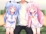 2girls ^_^ ahoge black_pants blue_bow blue_hair blue_necktie blue_sailor_collar blush bow bowtie buttons closed_eyes closed_mouth collarbone couch double_bun feet_out_of_frame game_cg hair_bow hair_bun hand_up harem_futago_lolita head_out_of_frame large_variant_set long_hair multiple_girls necktie non-web_source pants pillow pink_hair pleated_skirt sailor_collar shirt short_sleeves siblings sisters sitting skirt smile sunao_(harem_futago_lolita) tomari_(harem_futago_lolita) twins usashiro_mani variant_set white_shirt white_skirt yellow_bow yellow_bowtie 