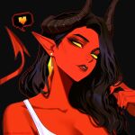 1girl black_background black_hair black_horns colored_skin demon_girl dispatch hashtag-only_commentary heart highres horns long_hair looking_at_viewer malevola_(dispatch) marixielumos pointy_ears portrait red_skin simple_background solid_eyes speech_bubble yellow_eyes 