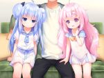  2girls ahoge black_pants blue_bow blue_eyes blue_hair blue_necktie blue_sailor_collar blush bow bowtie buttons closed_mouth collarbone couch double_bun feet_out_of_frame game_cg hair_bow hair_bun hand_up harem_futago_lolita head_out_of_frame large_variant_set long_hair multiple_girls necktie non-web_source open_mouth pants pillow pink_eyes pink_hair pleated_skirt sailor_collar shirt short_sleeves siblings sisters sitting skirt smile sunao_(harem_futago_lolita) tomari_(harem_futago_lolita) twins usashiro_mani variant_set white_shirt white_skirt yellow_bow yellow_bowtie 