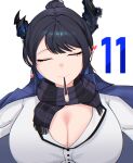  1girl absurdres asymmetrical_horns black_hair breasts buttons cleavage closed_eyes coat commentary demon_girl demon_horns english_commentary food food_in_mouth hair_bun heart highres hololive hololive_english horns large_breasts long_hair mole mole_under_eye nerissa_ravencroft nerissa_ravencroft_(casual) p_protocoll pocky pocky_day pocky_in_mouth pov scar shirt simple_background virtual_youtuber white_shirt 