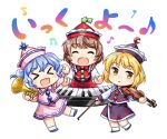 >_< 3girls black_hat black_skirt black_vest blonde_hair bow_(music) brown_hair chibi chibi_only closed_eyes closed_mouth crescent crescent_hat_ornament facing_viewer frilled_hat frills hat hat_ornament holding holding_bow_(music) holding_instrument holding_trumpet holding_violin instrument keyboard_(instrument) long_sleeves looking_at_viewer lowres lunasa_prismriver lyrica_prismriver merlin_prismriver multiple_girls musical_note official_art open_mouth pink_hat pink_skirt pink_vest red_hat red_skirt red_vest rotte_(1109) second-party_source shirt siblings sisters skirt skirt_set smile sticker_(medium) touhou touhou_lostword translation_request transparent_background trumpet vest violin white_shirt yellow_eyes 