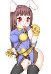  1girl animal_ears archer_(ragnarok_online) armored_skirt black_panties black_thighhighs blue_shirt blush breasts brown_hair carrot commentary_request cowboy_shot eating fake_animal_ears gloves haty long_hair looking_at_viewer muneate panties rabbit_ears ragnarok_online shirt short_sleeves simple_background solo thighhighs underwear white_background yellow_gloves 