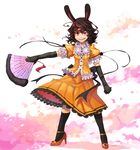  dress elbow_gloves fan female gloves high_heels human lace mammal rabbit_ears robbw ruffles skirt solo standing 