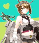  1girl aircraft aircraft_request airplane bare_shoulders black_skirt breasts brown_hair closed_mouth gloves green_eyes headgear heart kantai_collection large_breasts looking_at_viewer midriff mikami_(millefoglie) miniskirt mutsu_(kancolle) one_eye_closed pleated_skirt rigging ship_turret short_hair simple_background skirt solo two-tone_background white_gloves 