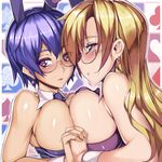  animal_ears asa_(xametaler) bare_shoulders blonde_hair blush breast_press breasts bunny_ears bunnysuit copyright_request earrings glasses heart heart-shaped_pupils holding_hands interlocked_fingers jewelry large_breasts long_hair mole multiple_girls purple_eyes purple_hair short_hair symbol-shaped_pupils symmetrical_docking 