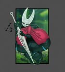 anthro arthropod black_body cloak clothing daeriusus eyes_closed female hi_res hollow_knight_(franchise) hornet_(hollow_knight) huge_hips huge_thighs musical_note musical_symbol playing_music solo symbol team_cherry thick_thighs wide_hips