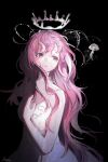  1girl bare_arms bare_shoulders black_background brown_eyes chinese_commentary choker commentary_request cowboy_shot crown dot_nose dress expressionless eyelashes floating_crown hand_on_own_chest highres jellyfish light_particles long_hair long_sidelocks looking_to_the_side mimu_mimu nikki_(nikki) nikki_(series) official_alternate_color parted_lips pink_crown pink_hair see-through_choker shining_nikki sidelocks signature simple_background sleeveless sleeveless_dress solo spaghetti_strap very_long_hair watcher_of_the_depths_(shining_nikki) wavy_hair white_choker white_dress 