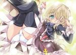  blonde_hair blush boots cropped_jacket dress elize_lutus frills green_eyes long_hair milkpanda one_eye_closed panties purple_legwear solo tales_of_(series) tales_of_xillia thigh_boots thighhighs underwear white_panties yellow_background 