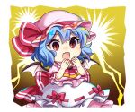  1girl ascot bat_wings blue_hair bow brooch chibi chibi_only fang hat hat_ribbon jewelry lowres mob_cap official_art open_mouth pink_hat pink_shirt pink_skirt red_ascot red_bow red_eyes remilia_scarlet ribbon rotte_(1109) second-party_source shirt short_sleeves skin_fang skirt skirt_set sleeve_bow solo sticker_(medium) surprised touhou touhou_lostword transparent_background wings 