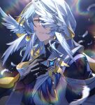  1boy black_gloves blue_hair commentary crying earrings feathers gloves gold_earrings hand_on_own_chest head_wings highres honkai:_star_rail honkai_(series) hood hood_up jewelry lens_flare looking_at_viewer male_focus medium_hair one_eye_covered parted_lips piercing portrait ring solo sunday_(honkai:_star_rail) tears twitter_username usagishi white_feathers white_wings wing_piercing wings yellow_eyes 
