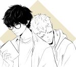  2boys amamiya_ren blush book closed_eyes closed_mouth collarbone collared_shirt commentary crew_neck glasses head_on_another's_shoulder highres holding holding_book hood hood_down hooded_jacket jacket layered_clothes male_focus multiple_boys open_clothes open_jacket open_shirt persona persona_5 raph_(raphodraws) round_eyewear sakamoto_ryuuji shirt short_hair spot_color unfinished upper_body yaoi 