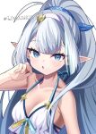  1girl 4rion :o absurdres ahoge bikini blue_eyes blue_ribbon blunt_bangs blunt_ends blush breasts cleavage collarbone commentary eyelashes female_tyrant_(stella_sora) grey_hair hair_ribbon hairband halterneck hand_up highres huge_ahoge long_hair long_pointy_ears looking_at_viewer medium_breasts open_mouth pointy_ears ponytail purple_hairband ribbon sidelocks solo stella_sora swimsuit tsurime twitter_username tyrant_(stella_sora) upper_body very_long_hair white_bikini 