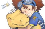  ^_^ agumon ayame_(artist) blush brown_hair character_name claws closed_eyes creature digimon digimon_adventure gloves goggles grin hug male_focus reptile sharp_teeth smile star teeth yagami_taichi 