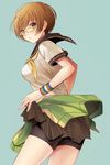  bike_shorts breasts brown_eyes brown_hair from_behind glasses hijiri_ruka jacket looking_back medium_breasts persona persona_4 satonaka_chie school_uniform short_hair skirt solo track_jacket wristband 