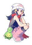  1girl =_= absurdres beanie black_hair black_socks blue_eyes blue_hair blush boots budew closed_mouth dawn_(pokemon) hair_ornament hairclip hat highres kneehighs long_hair looking_at_viewer pink_boots pink_skirt poke_ball_print pokemon pokemon_(creature) pokemon_dppt red_scarf scarf shirt shocho_(shaojiujiu) simple_background skirt sleeveless smile socks squatting white_background white_hat 