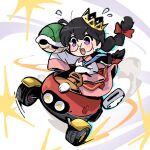  1girl blush bow braid commentary_request crown driving glasses go-kart green_shell_(mario) hair_bow highres kirby_(series) kirby_64 long_skirt low_twin_braids mario_(series) mario_kart open_mouth poyo_party purple_eyes ripple_star_queen skirt sleeves_past_fingers sleeves_past_wrists smile twin_braids 