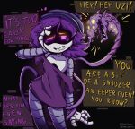 absolute_solver after_transformation annoyed artist_name beanie black_background body_horror bottomless clenched_teeth clothed clothing cyn_(murder_drones) dialogue diddlydooter1 digital_drawing_(artwork) digital_media_(artwork) duo eldritch_abomination ellipsis exclamation_point female flat_chested fusion glitch_productions gradient_eyes grey_body hair hat headgear headwear heterochromia hi_res holding_head humanoid living_tail long_legs long_tongue machine monster monster_tail multi_eye murder_drones mutation pajamas parasite purple_eyes purple_hair purple_tail purple_text question_mark robot robot_humanoid sharp_teeth shirt shirt_only short_hair signature simple_background speech_bubble spikes spikes_(anatomy) t-shirt tail teeth text tired tongue topwear topwear_only transformation unusual_anatomy unusual_tail upset uzi_(murder_drones) white_body wide_hips worker_drone yellow_eyes yellow_text