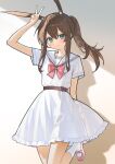  1girl absurdres amiya_(arknights) animal_ear_fluff animal_ears arknights arm_up blue_eyes blush bow bowtie brown_hair chinese_commentary closed_mouth commentary_request cowboy_shot double-parted_bangs dress frilled_dress frills hair_between_eyes highres long_hair looking_at_viewer nagisa_(cxcx5235) pink_shoes ponytail rabbit_ears rabbit_girl red_bow red_bowtie sailor_dress shoes short_sleeves smile socks solo v white_dress white_socks 